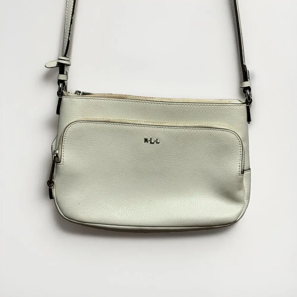 Lauren Ralph Lauren Pebbled Leather Crossbody Bag Ivory Cream RLL Silver Zip